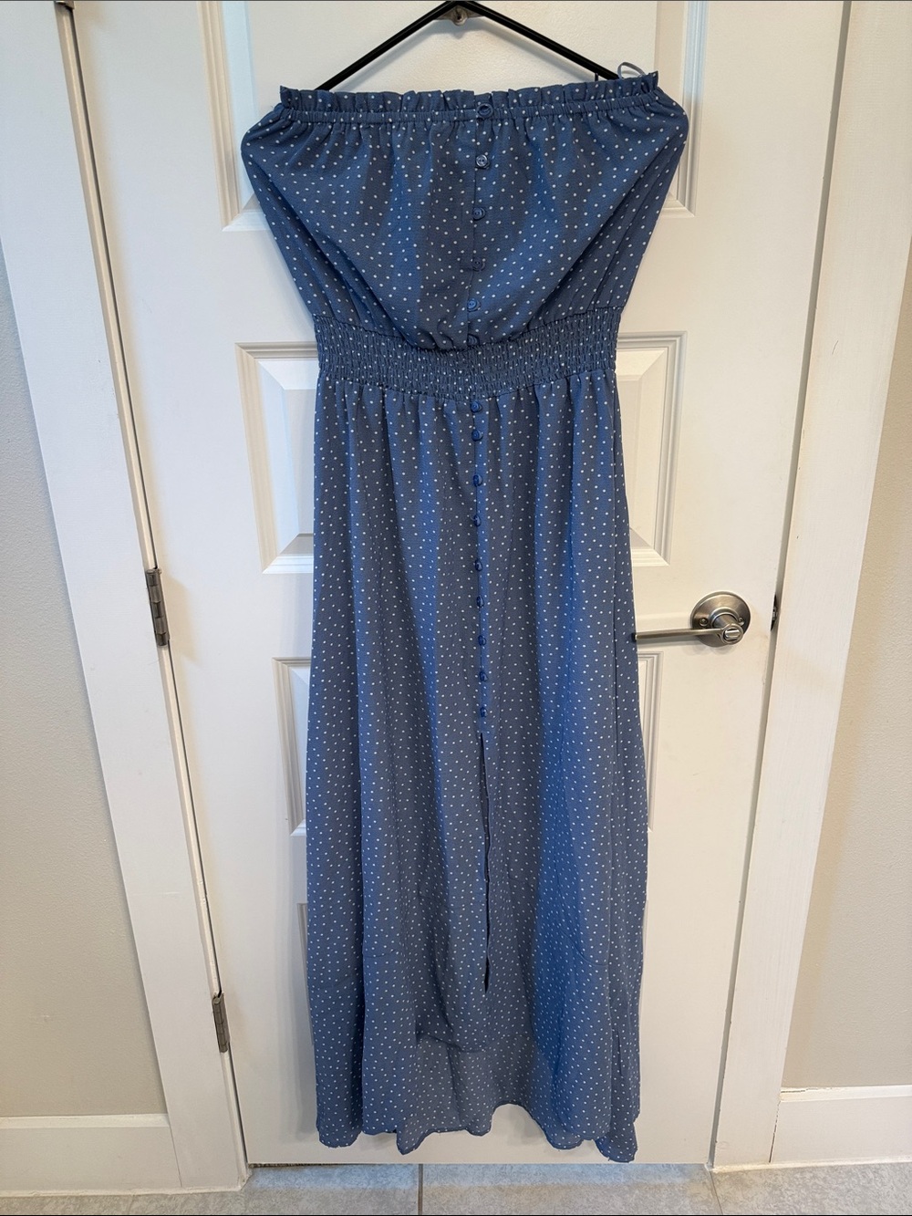 Good Luck Gem Navy Blue Polka Dot Strapless Maxi Dress